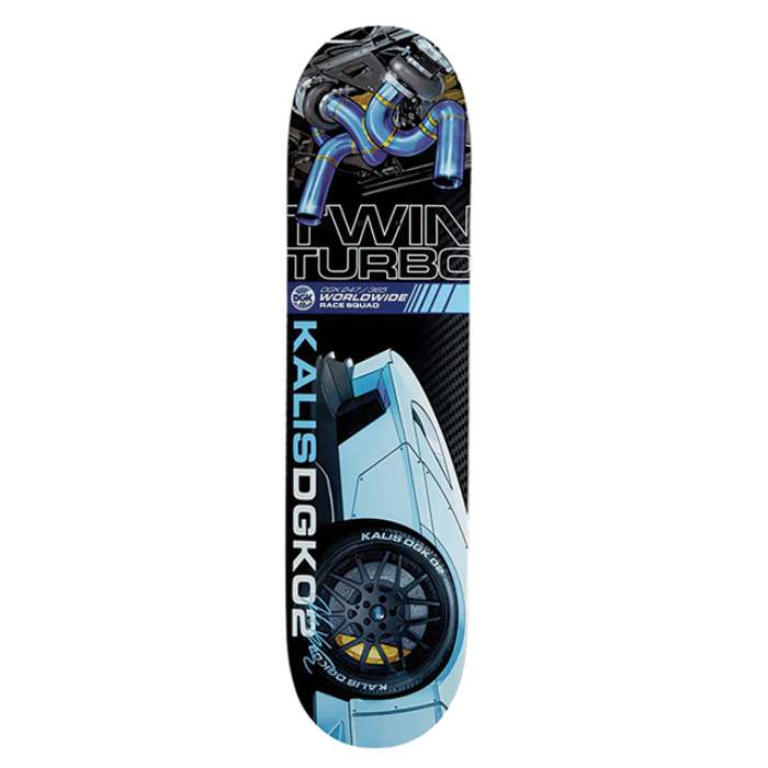 Skateboard deck with 'Twin Turbo' and 'Kalis' branding on a white background