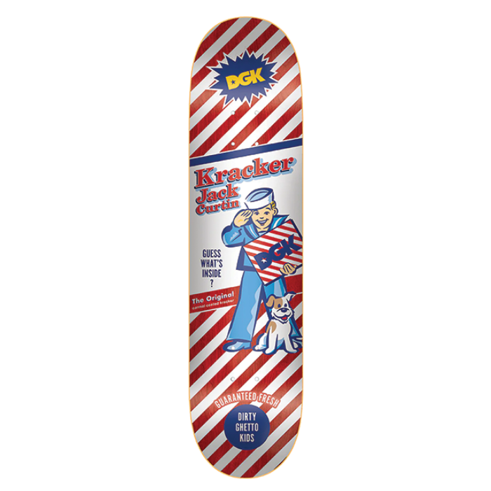 Skateboard deck with patriotic design featuring a character and text on a white background