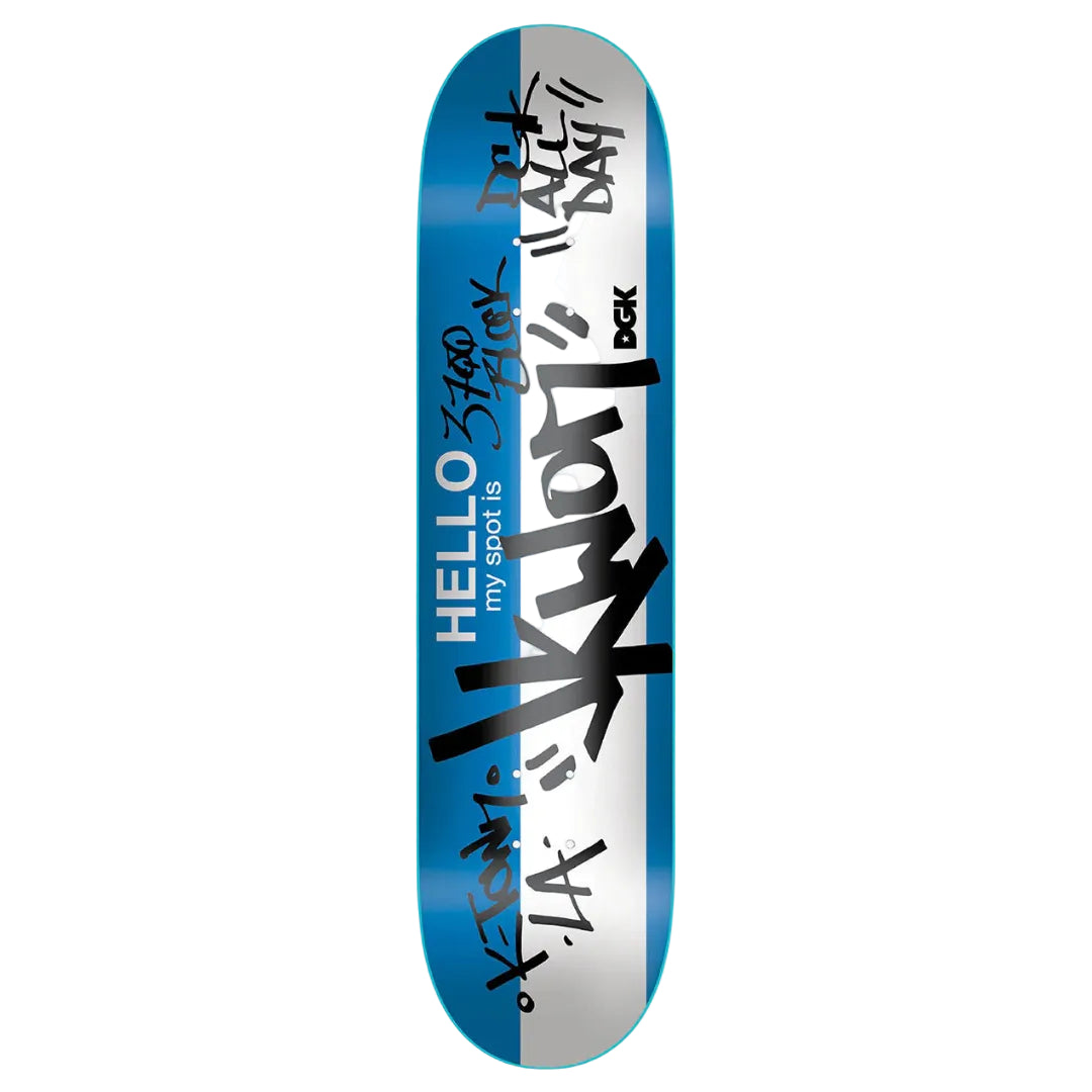 Skateboard deck with black text on a blue and gray background