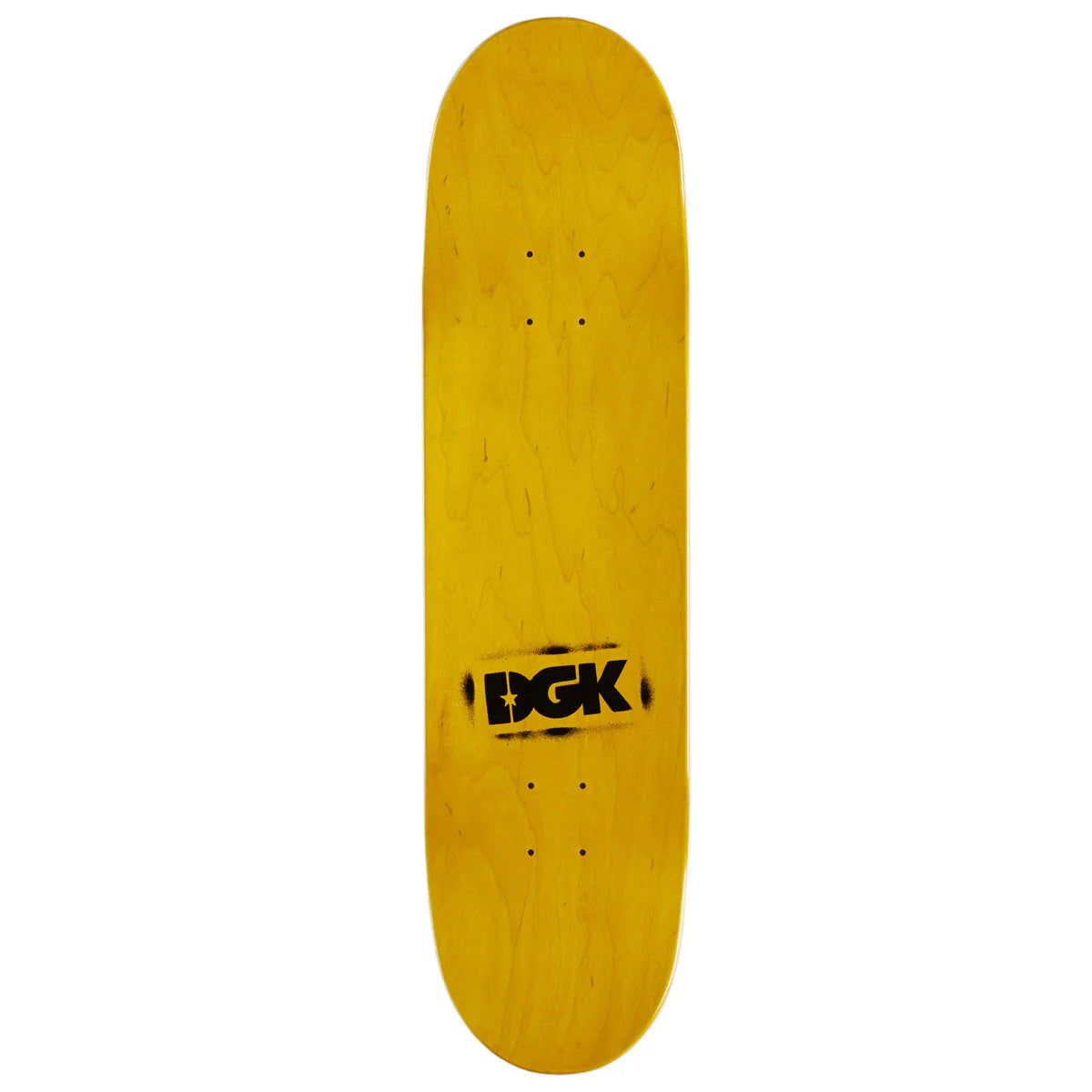 Yellow skateboard deck with DGK logo on a white background
