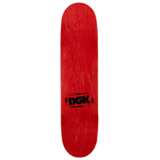 A red skateboard deck with a black DGK logo printed in the center, shown vertically against a plain white background.