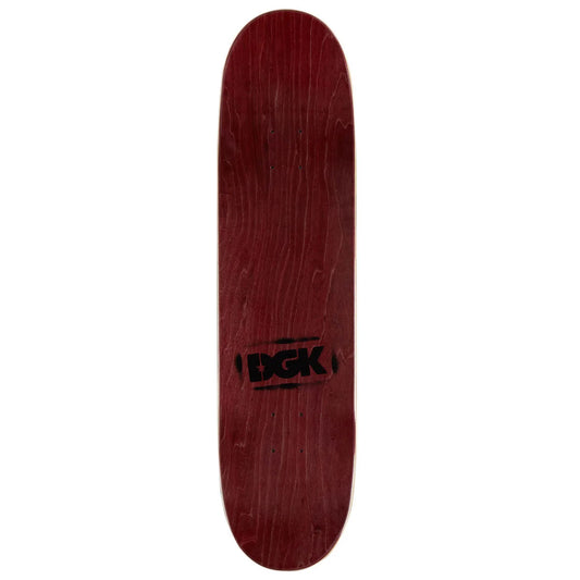 A dark red wooden skateboard deck with a black DXG logo printed near the bottom, shown against a plain white background.