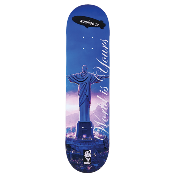 Skateboard deck with Christ the Redeemer statue design on a white background