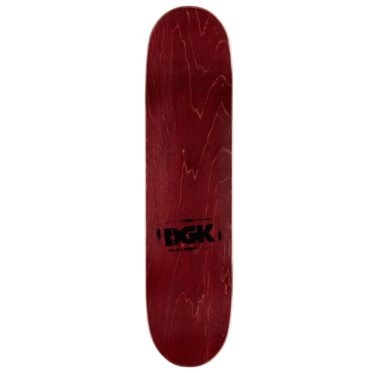 Red skateboard deck with DGK logo on a white background