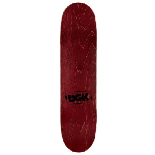 Red skateboard deck with DGK logo on a white background