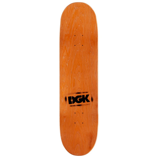 An orange wood skateboard deck with a black DGK logo printed in the center, shown vertically against a plain white background.