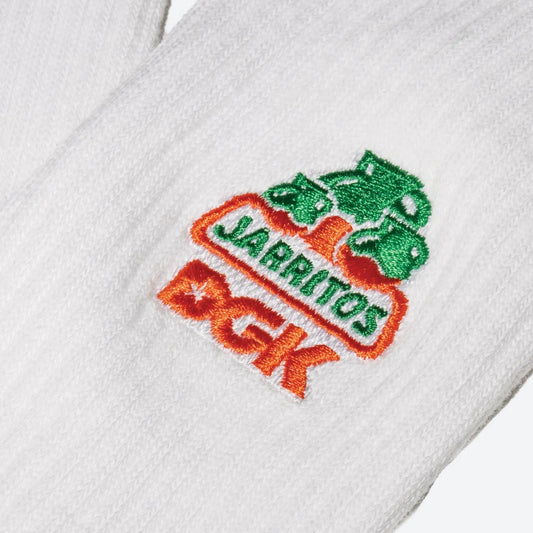 Embroidered logo on a white towel with 'Jarritos' and 'DGK' text.