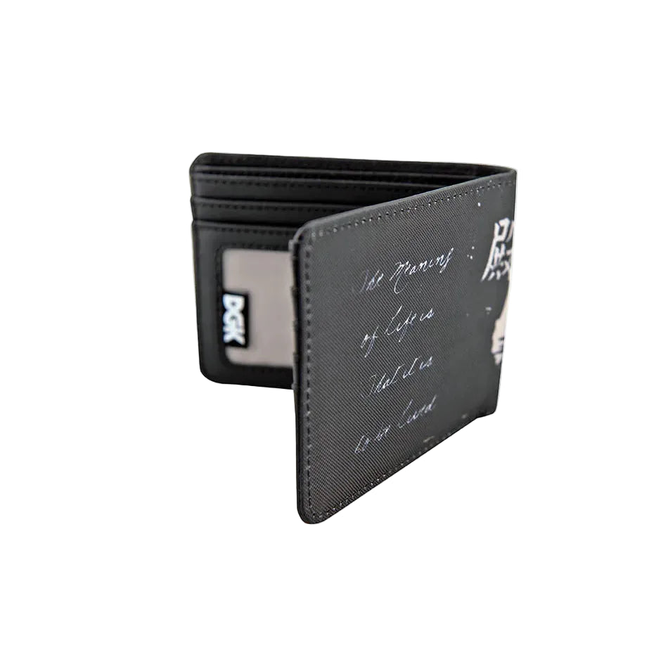 Black wallet with text and a brand logo on a white background