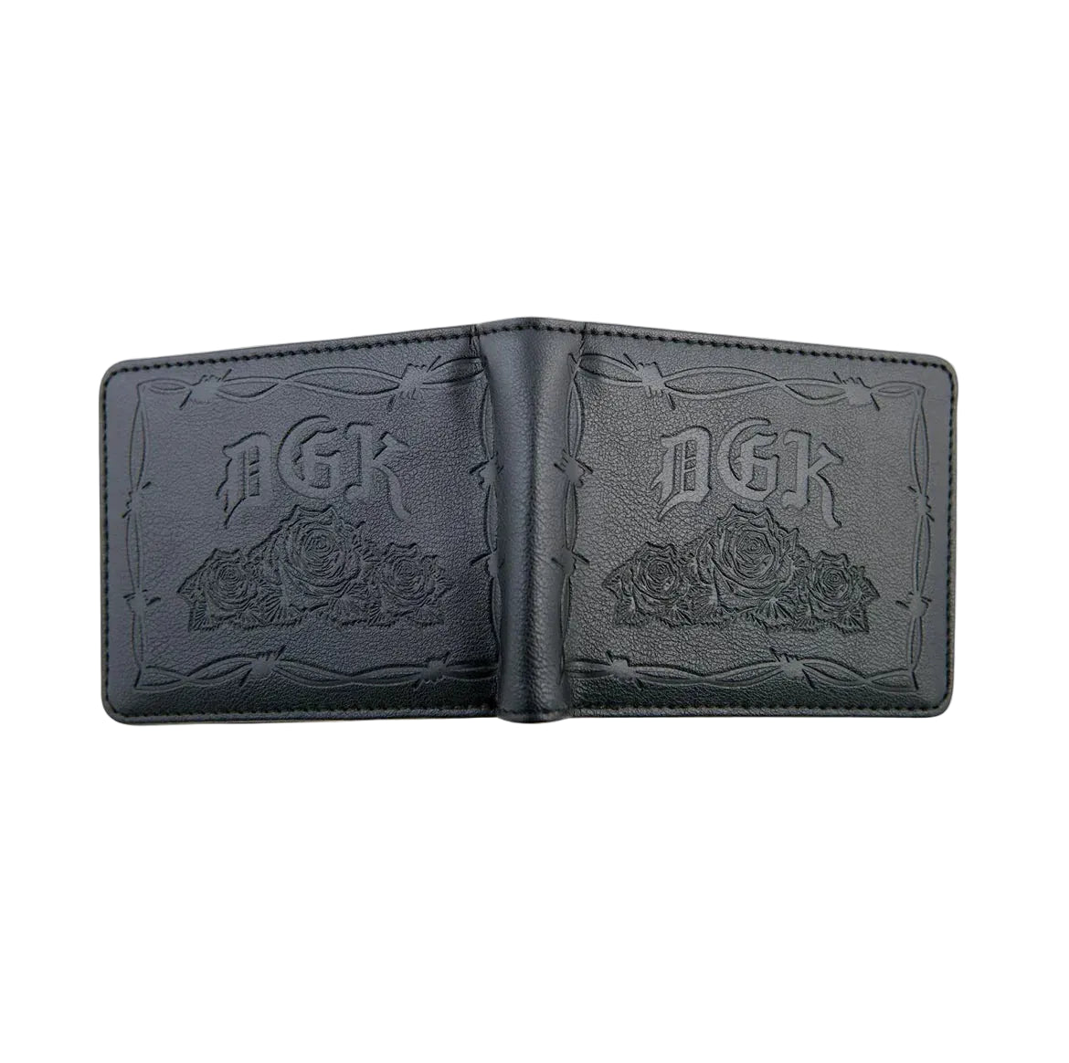 Black leather wallet with embossed design on a light gray background