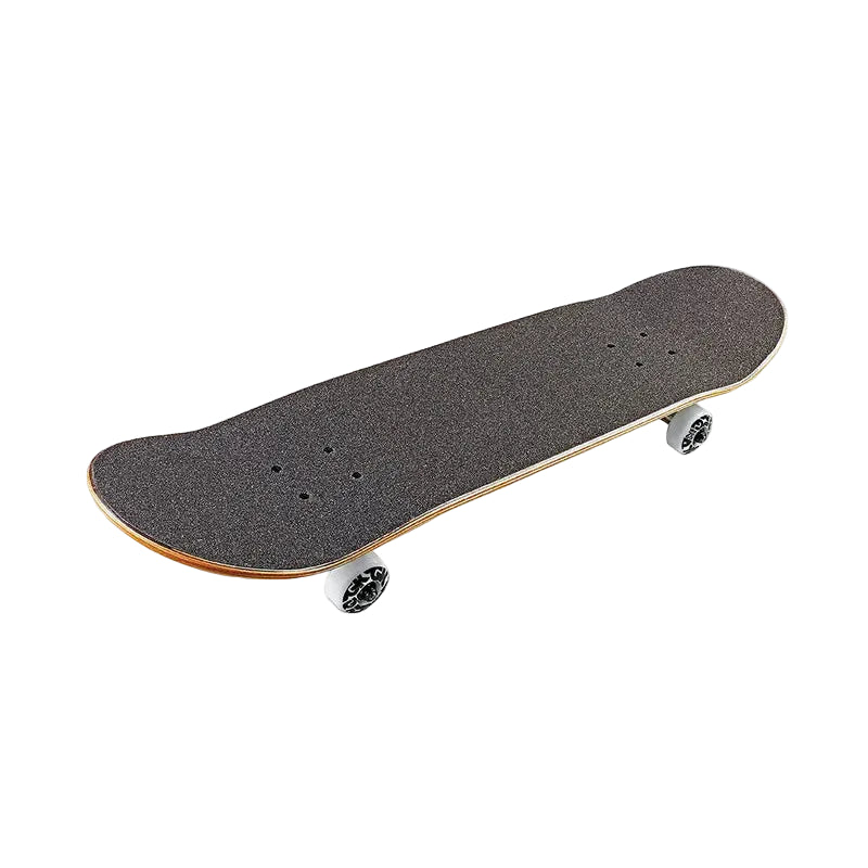 Skateboard with a black deck and white trucks on a light gray background