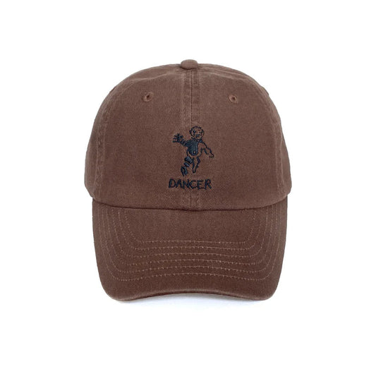 Brown cap with embroidered design on a white background