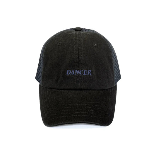 Black cap with 'DANCER' embroidery on a white background