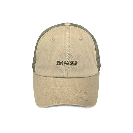 Beige cap with green mesh back and 'DANCER' embroidery on a white background