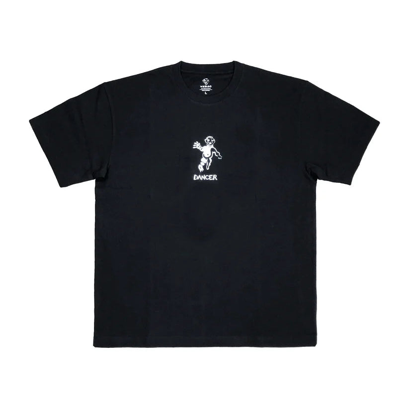 Black t-shirt with a white graphic and text on a white background