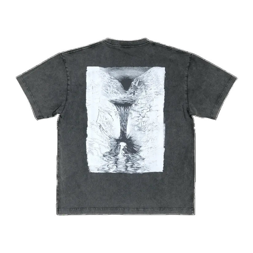 Black t-shirt with a white graphic design on the back against a white background
