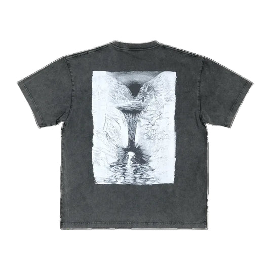 Black t-shirt with a white graphic design on the back against a white background