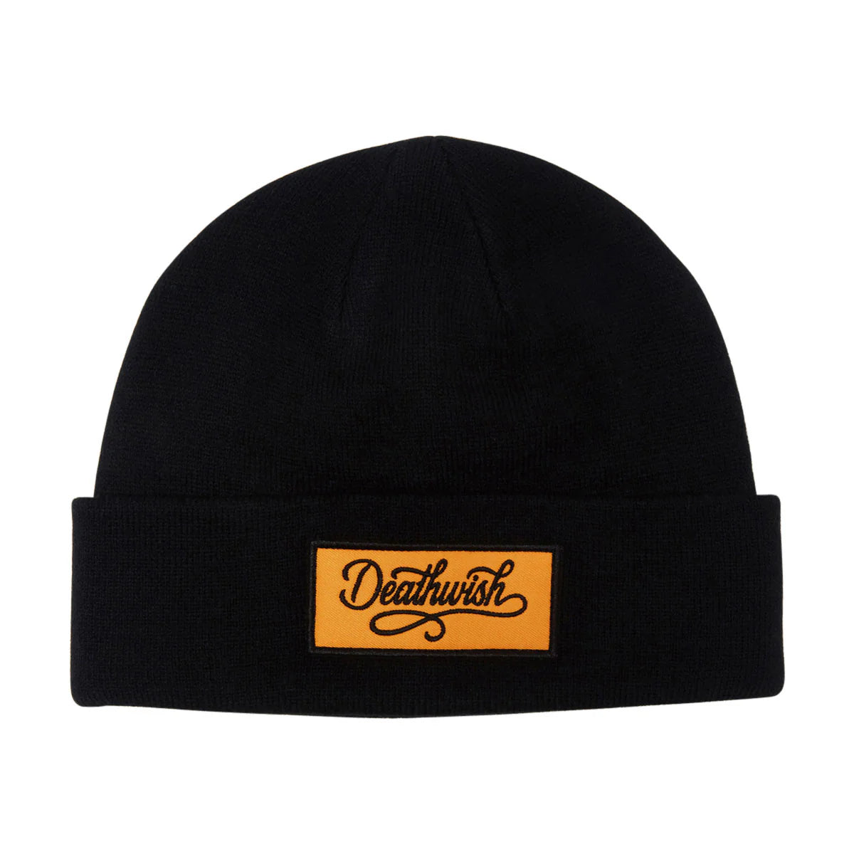 A black knit beanie hat with a folded cuff, featuring a rectangular orange patch on the front with the word 'Deathwish' in black script.