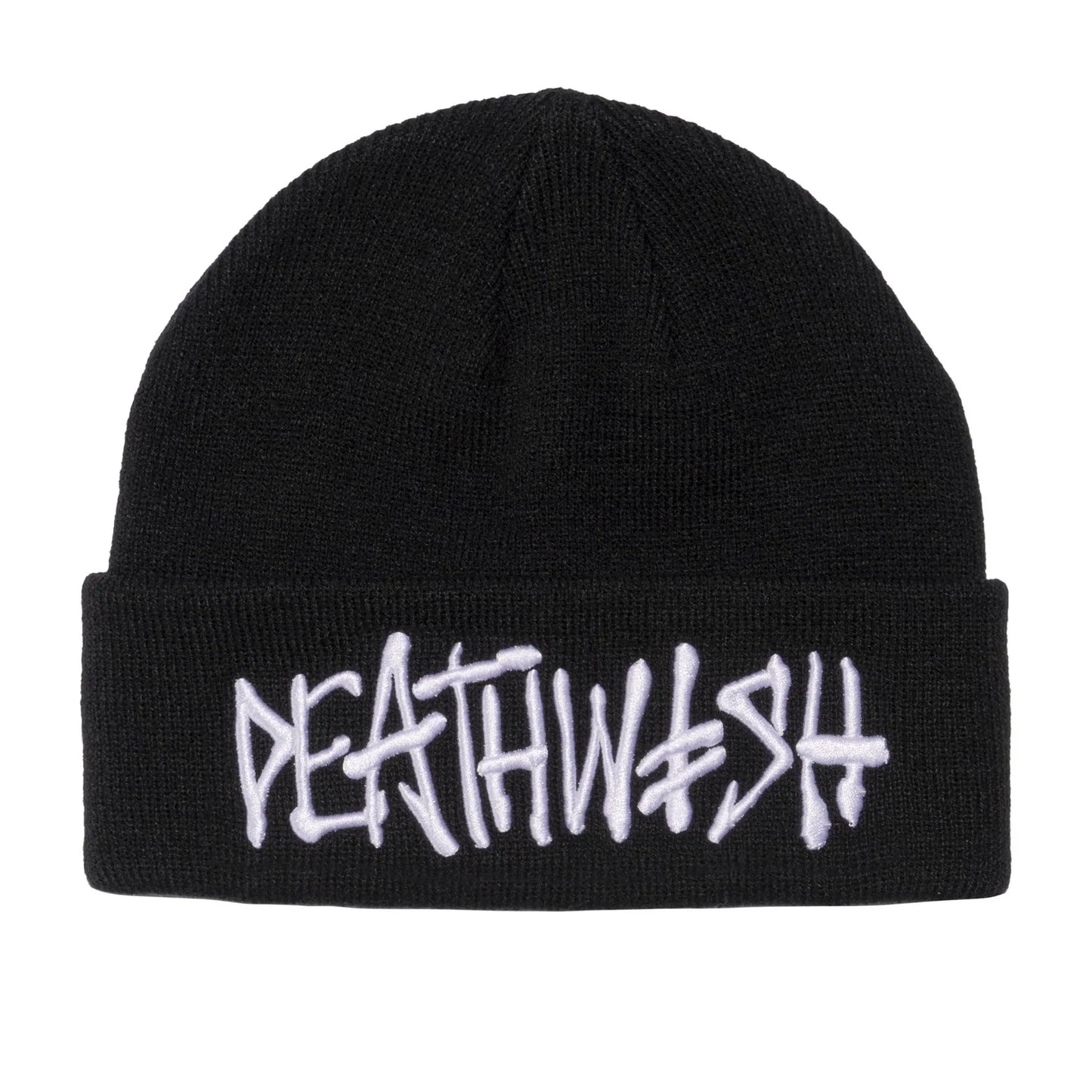 Black beanie with 'DEATHWASH' text in white on a white background
