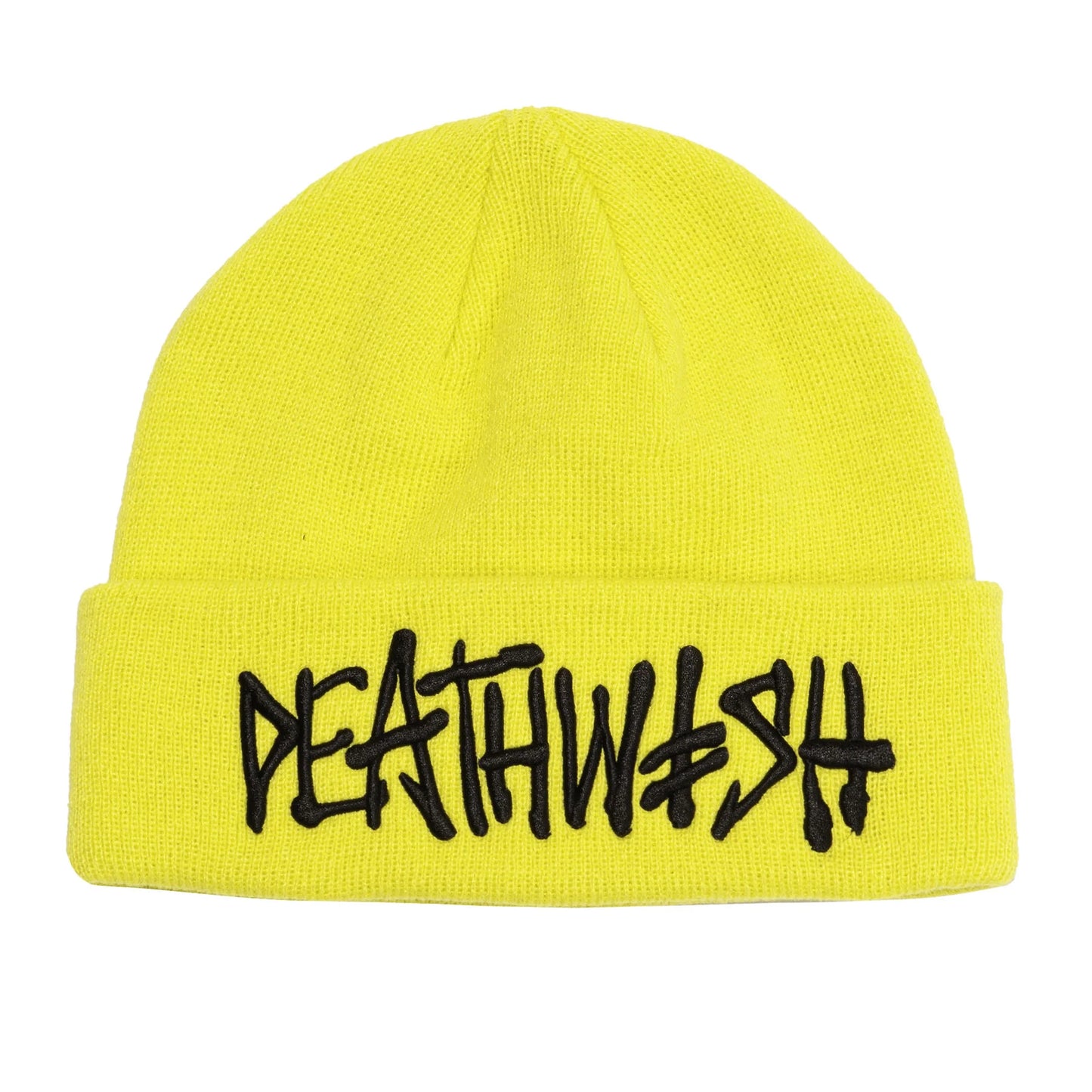 Yellow beanie with black text on a white background