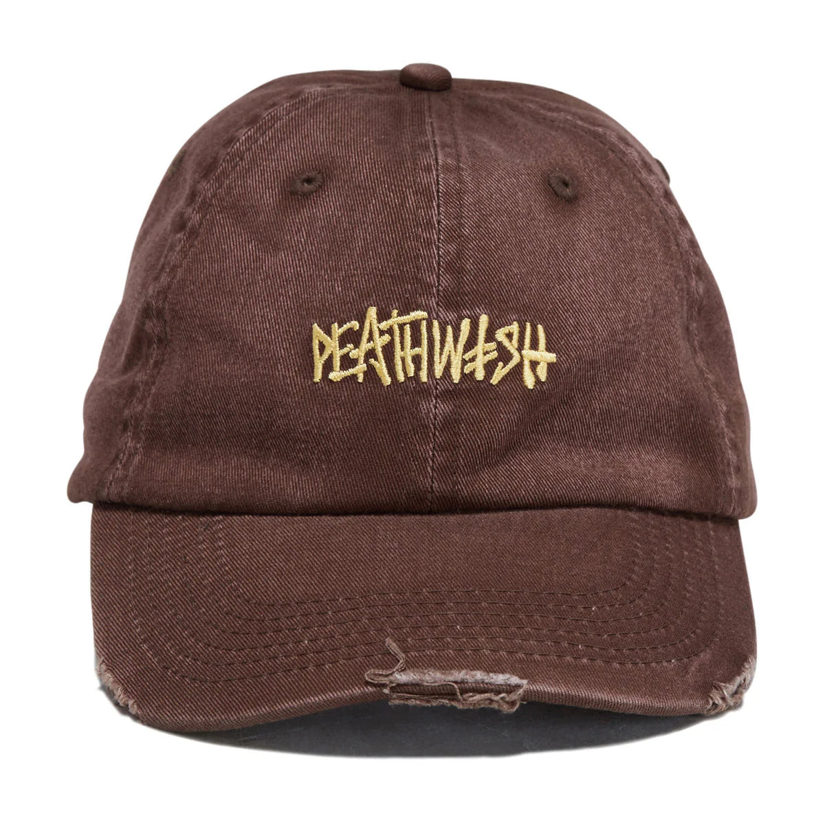 A brown distressed baseball cap with 'DEATHWiSH' embroidered in a stylized gold font on the front, shown against a plain white background.