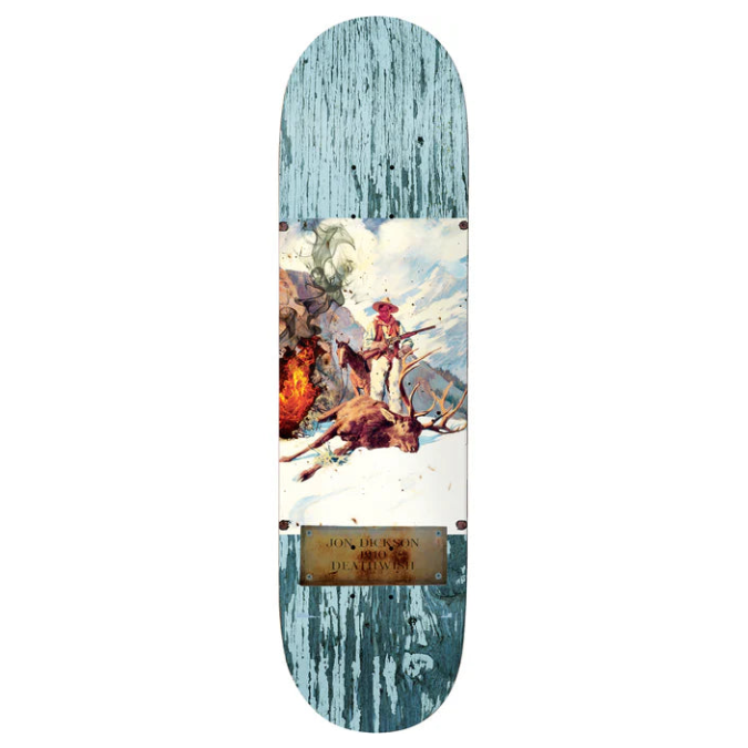 Skateboard deck with a colorful design featuring a figure and animals on a white background