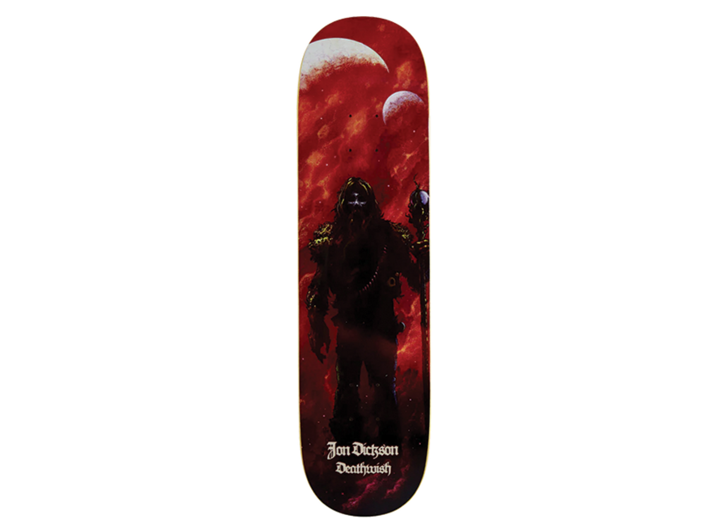 Skateboard deck with a dark figure and red background design on a white background