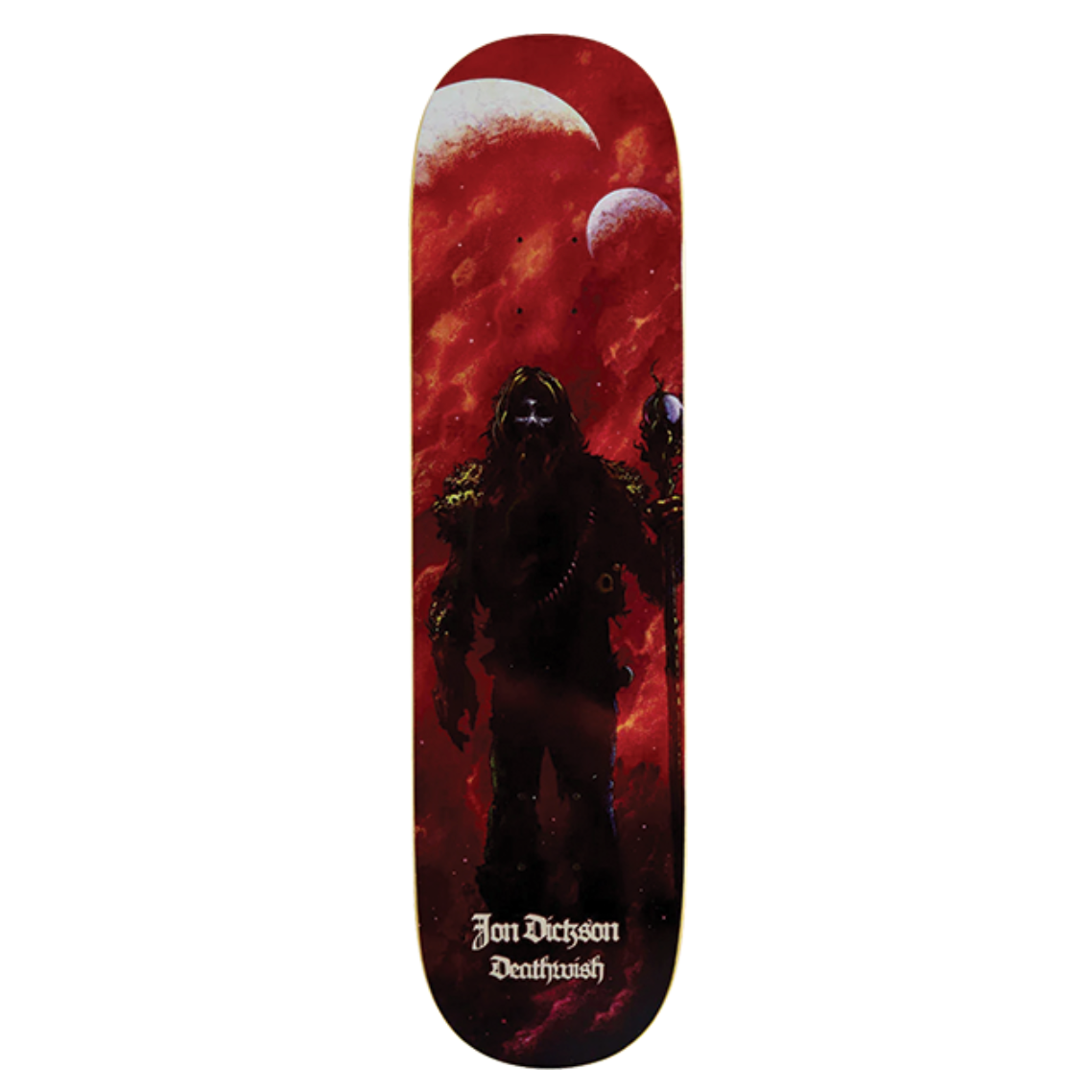 Skateboard deck with a dark figure and red background design on a white background