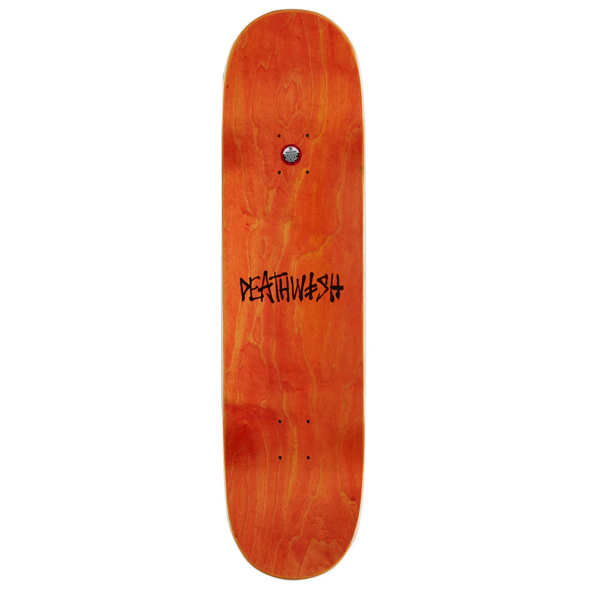 An orange wood skateboard deck with a black 'DEATHWASH' logo printed in the center, shown against a plain white background.