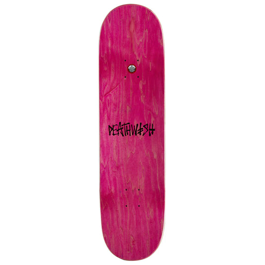 A pink wooden skateboard deck with a black 'DEATHWASH' logo printed in the center, shown against a plain white background.