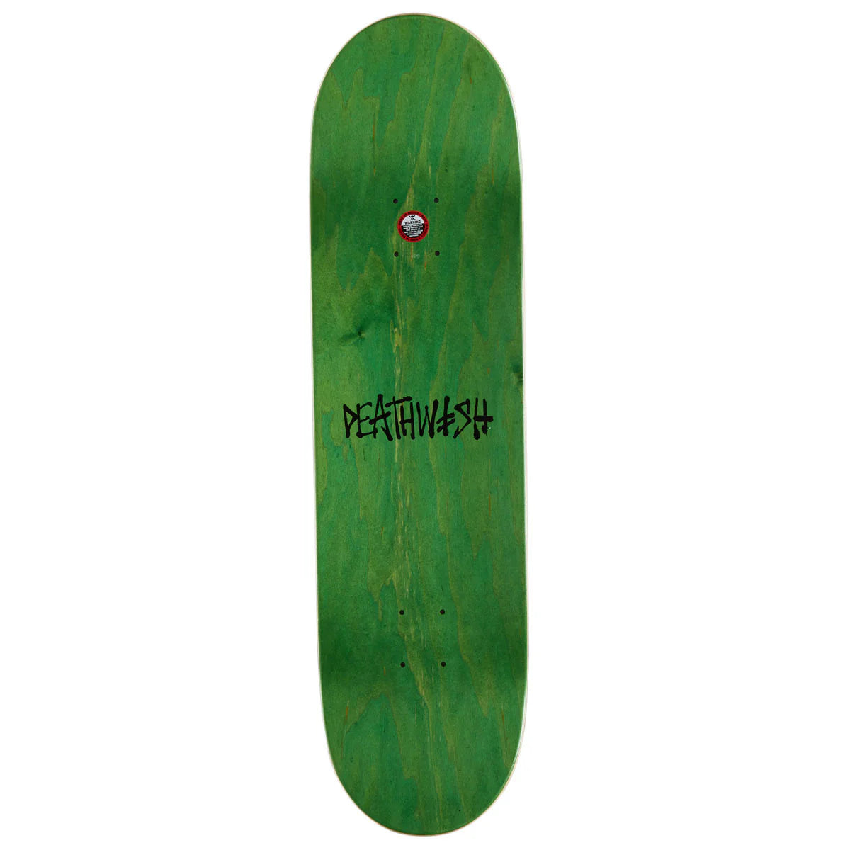 A green skateboard deck with a black 'DEATHWASH' logo printed in the center, shown against a plain white background.