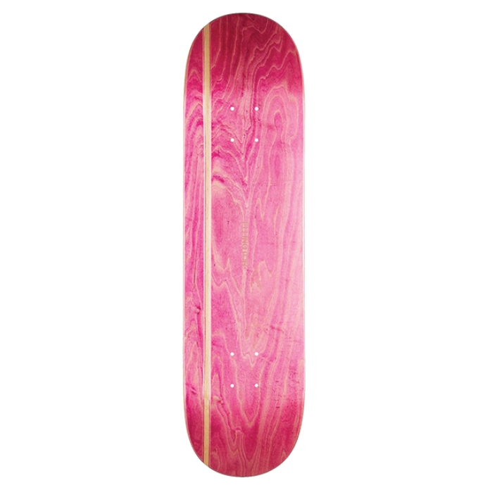 Pink skateboard deck with a white stripe on a white background