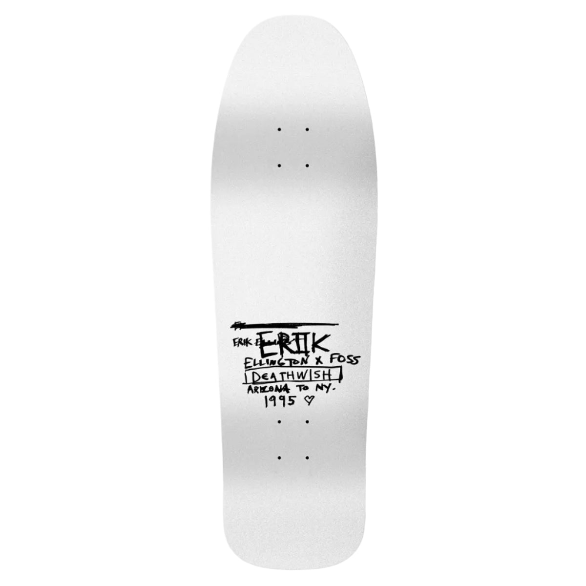 White skateboard deck with black text on a white background