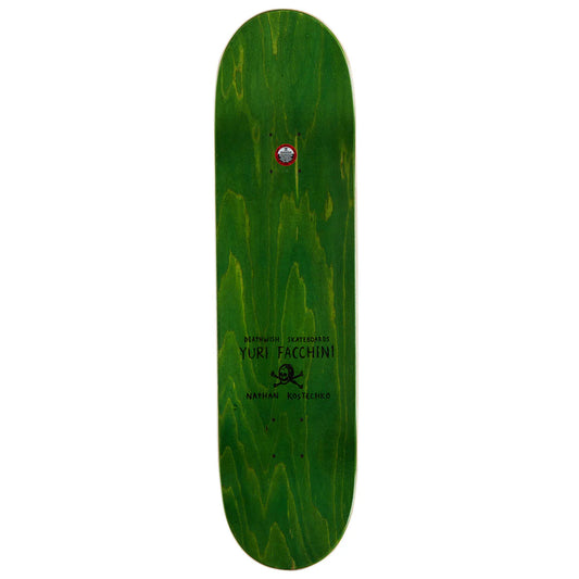 A green skateboard deck with a natural wood grain pattern, featuring the text 'Yuri Faggin' and 'National Skateboards' printed in black near the bottom center.