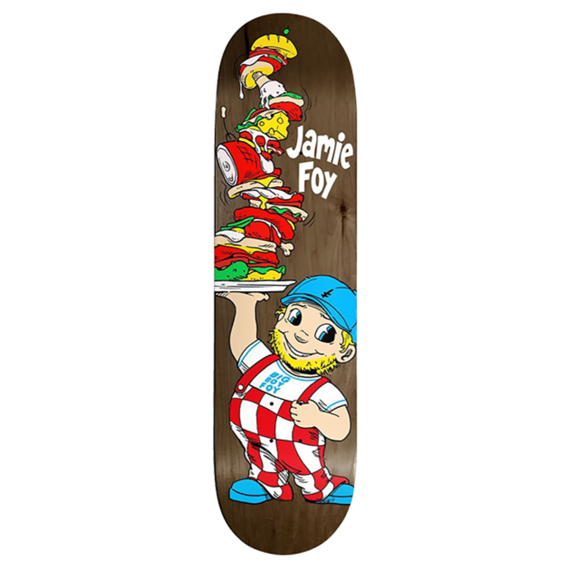 Skateboard deck with a graphic of a character holding food and 'Jamie Foy' text on a wooden background.