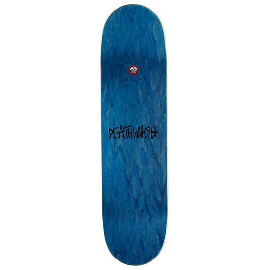 A blue skateboard deck with a natural wood grain texture, featuring the black 'DEATHWASH' brand logo in the center and a red truck hardware detail near the nose, shown against a plain white background.