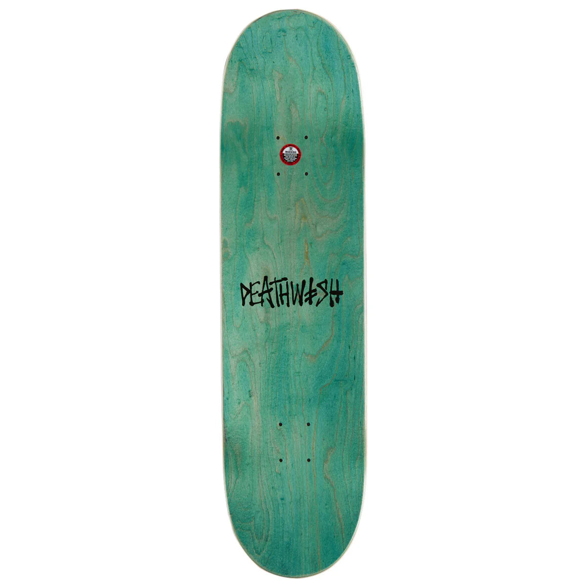 A teal green skateboard deck with a natural wood grain pattern and the Deathwish brand name printed in black in the center, shown against a plain white background.