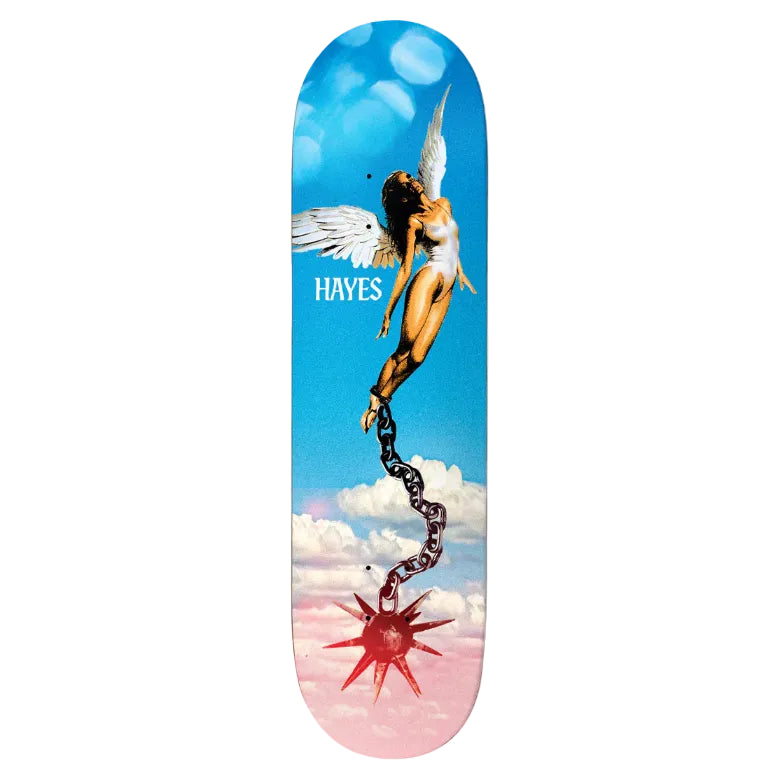 Skateboard deck with angelic design and 'Hayes' branding against a blue sky and cloud background.