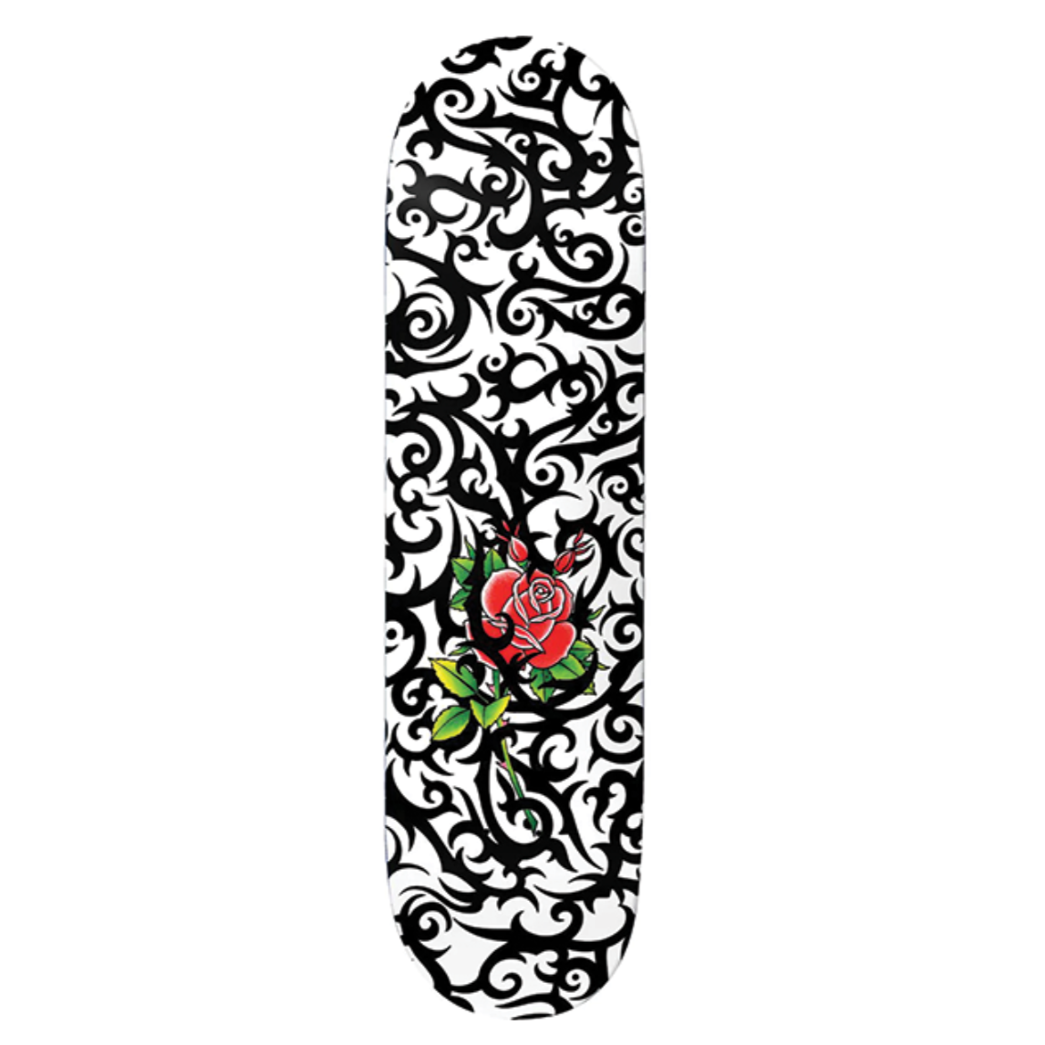 Skateboard deck with black floral pattern and red rose design on a white background