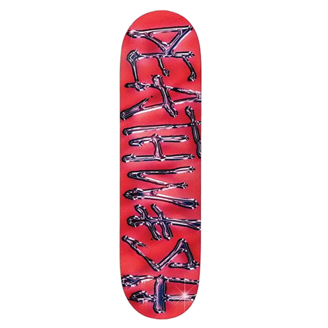 Skateboard deck with black skeleton design on a red background