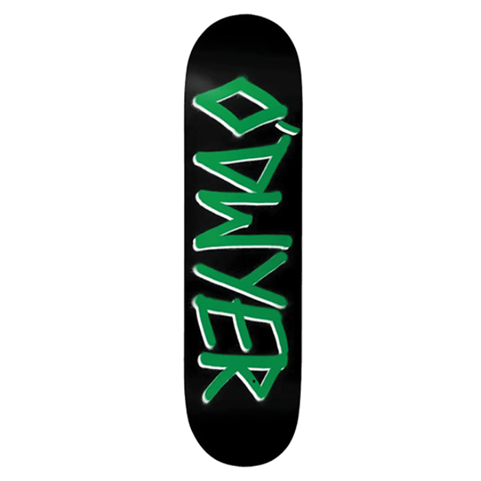 Skateboard deck with green and white text on a black background