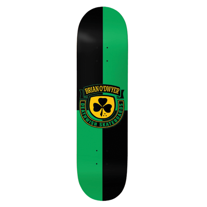 Skateboard deck with a green and black design on a white background