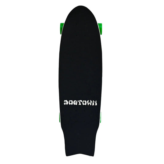 Black skateboard deck with 'Dogtown' branding on a white background