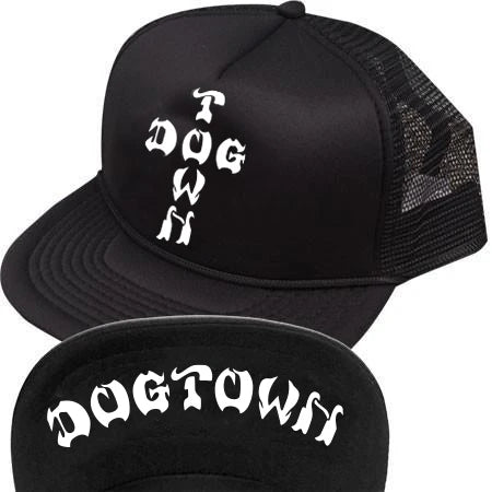 Black trucker hat with 'Dogtown' logo on a white background