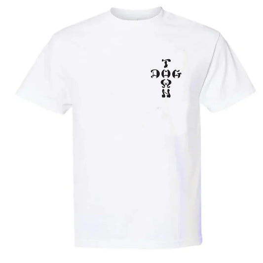 White t-shirt with black text on a white background