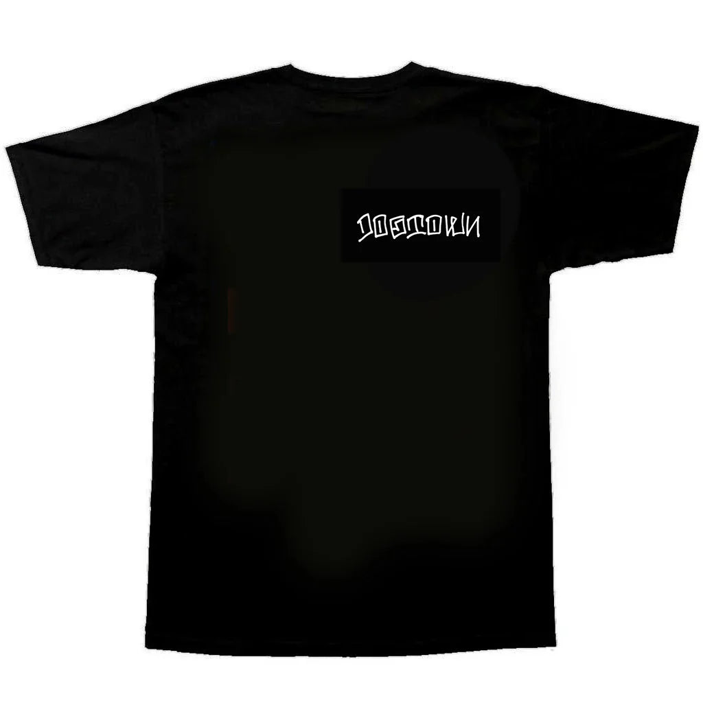 Black t-shirt with white text logo on a white background