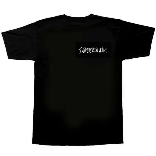 Black t-shirt with white text logo on a white background