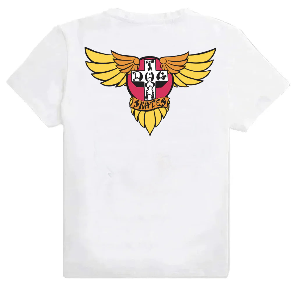 White t-shirt with a colorful graphic design on the back against a white background