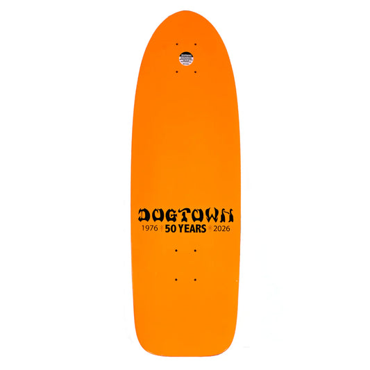 Orange skateboard deck with 'Dogtown' branding on a white background