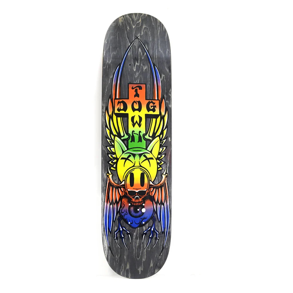 Skateboard deck with colorful design and 'Dogtown' branding on a white background