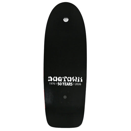 Black skateboard deck with 'Dogtown 50 Years' text on a white background